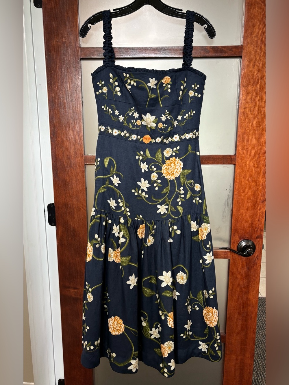 Agua by Agua Bendita Navy Midi Dress with Yellow & White Floral Embroidery